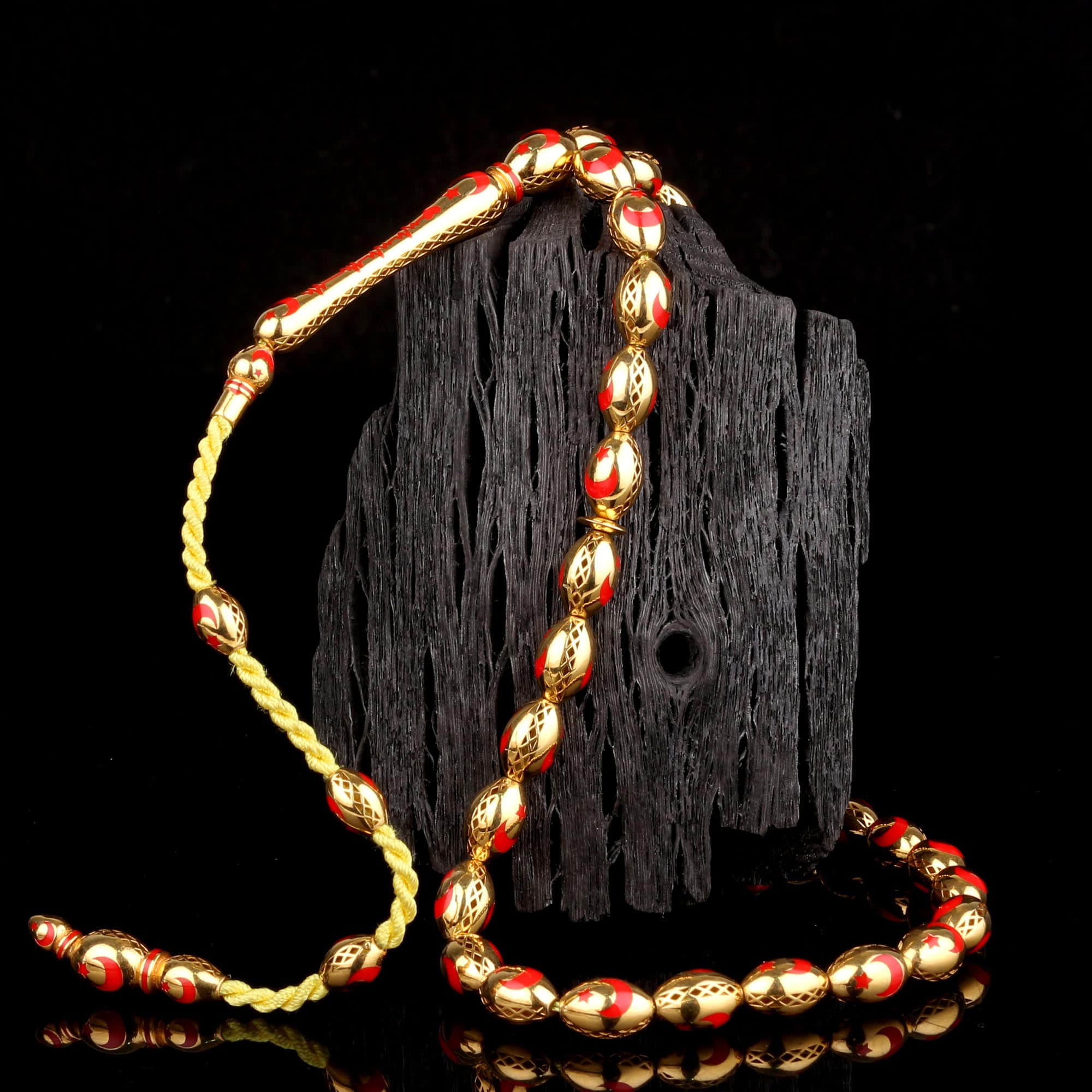 altın42-1 Kırmızı Ay Yıldız İşlemeli Altın Tesbih - Görsel 1