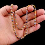 Lacivert Mineli Hat İşlemeli Koleksiyonluk Altın Tesbih - Görsel 3