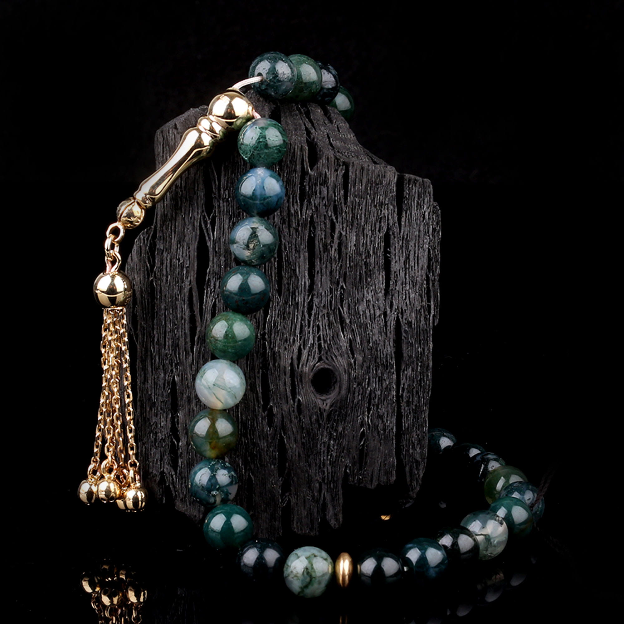 altın68-1 Yeşil Damarlı Akik Taşı Altın Tesbih - Görsel 1